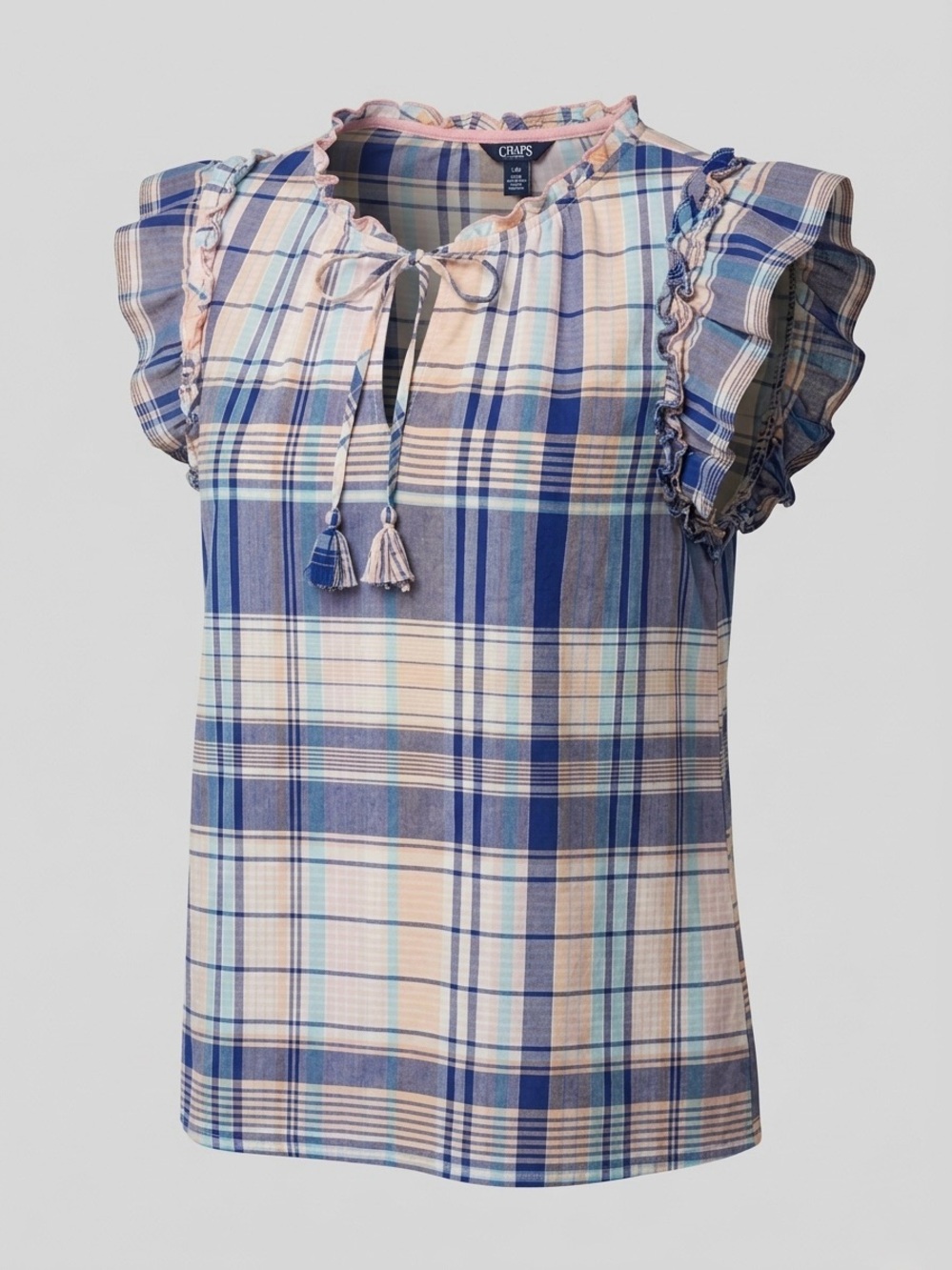 Chaps Plaid Ruffle Flutter Sleeve Keyhole Tie Front 100% Cotton Top Size Large
